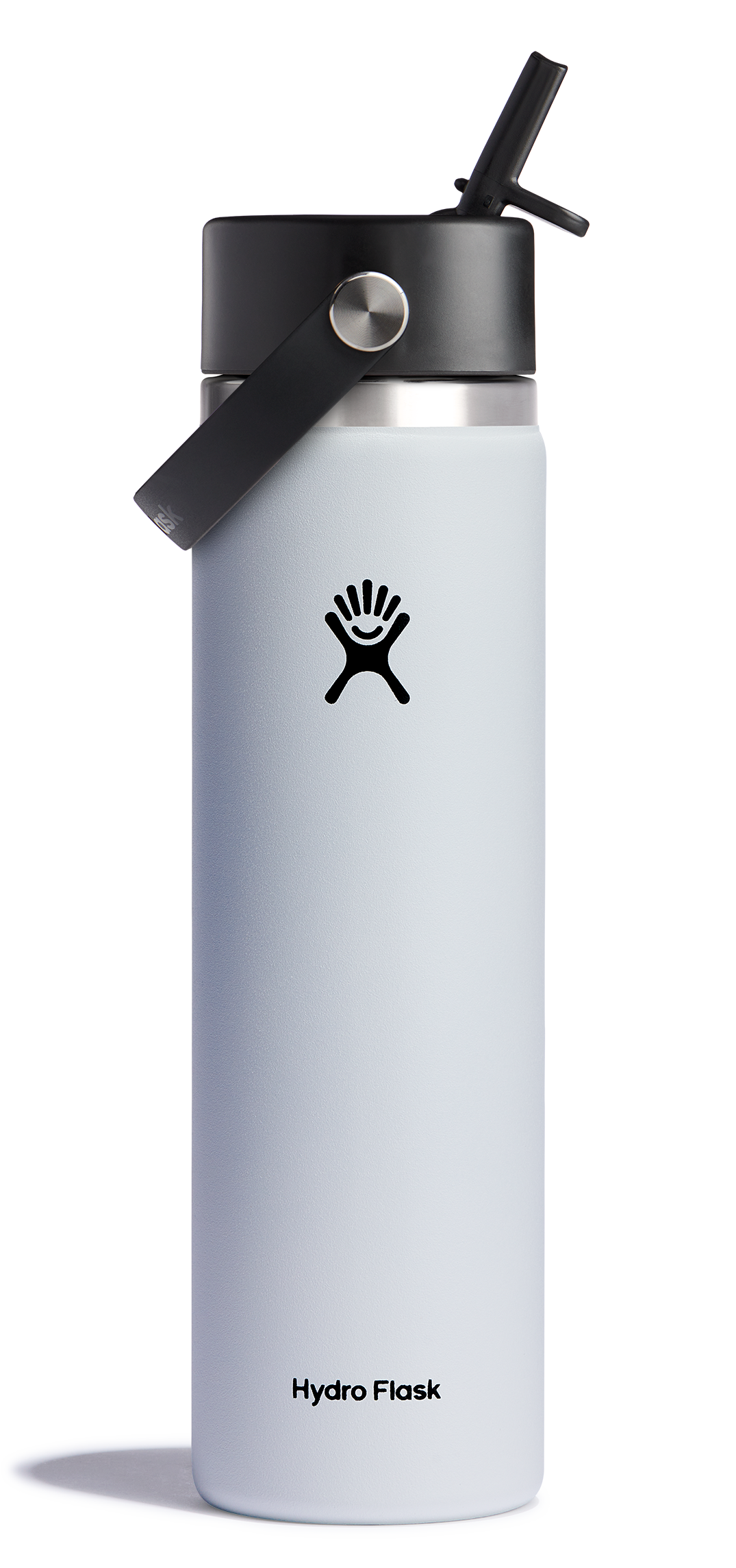 Hydro Flask Wide Mouth Insulated Water Bottle with Flex Straw Cap in light color, featuring a leakproof design for easy sipping.